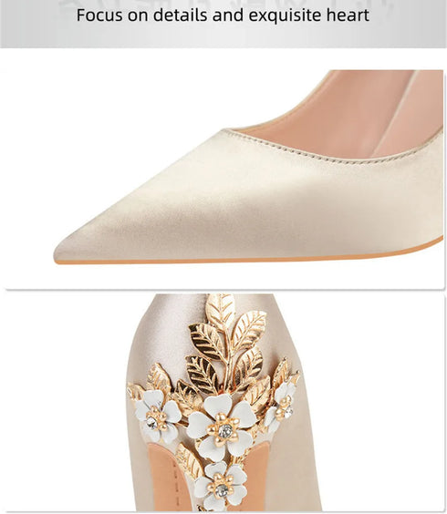 Elegant Crystal-Embellished Silk Pointed Toe Pumps for Women - Luxurious High Heels Perfect for Bridal and Evening Wear, Sexy Dress Shoes with Thin Heels